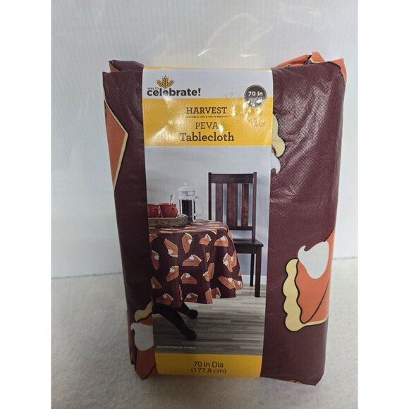 Celebrate Harvest PEVA Tablecloth 70 Inch Diameter Pumpkin Pie Print Round Table - Picture 4 of 6